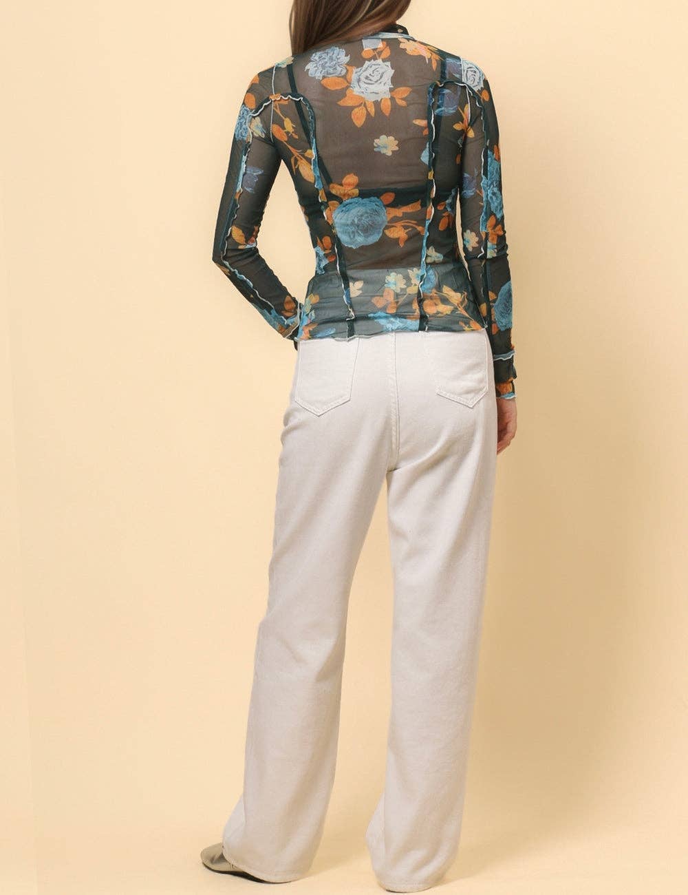 Ladies Floral See Sheer Mesh Layring Top Pullover Blouse SKT4799: Green