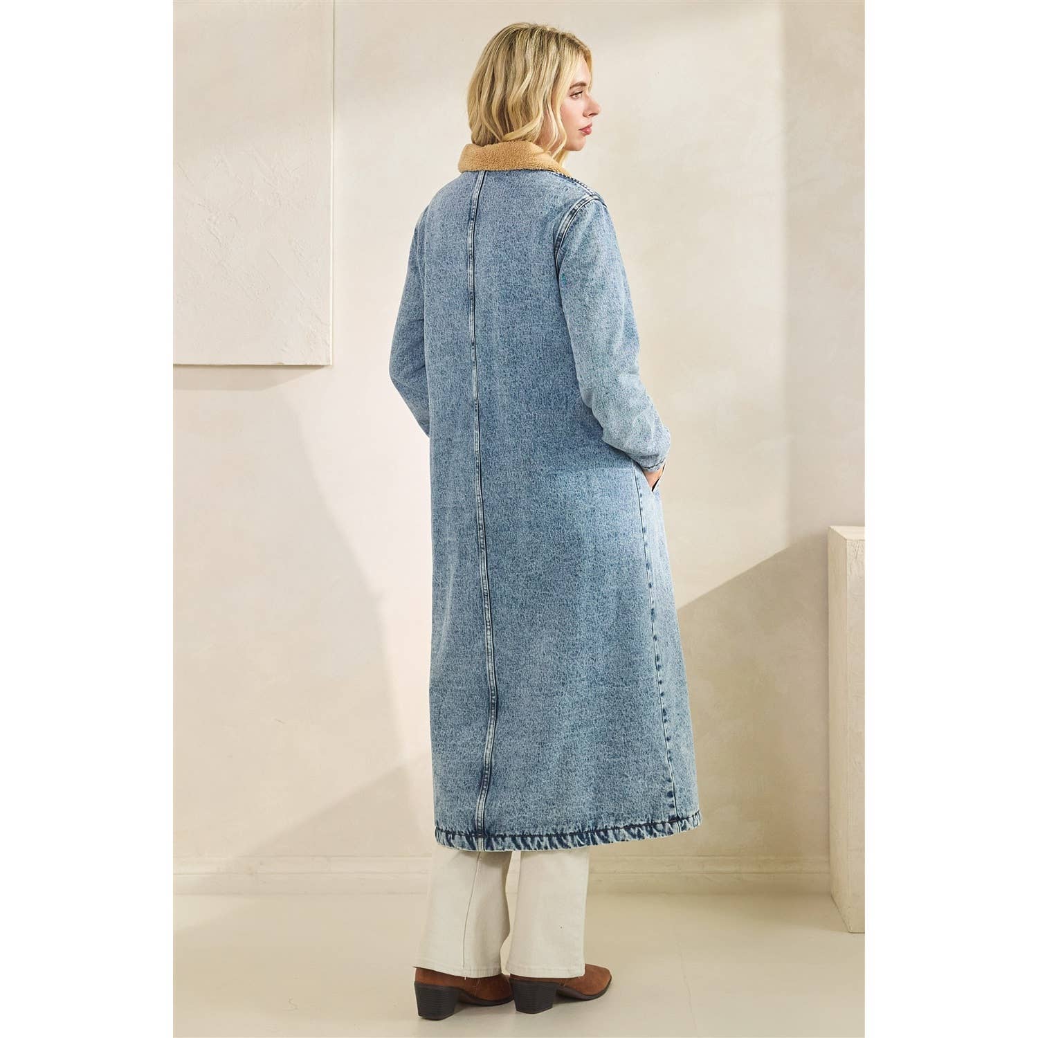 Teddy Lined Long Denim Jacket: Med Wash