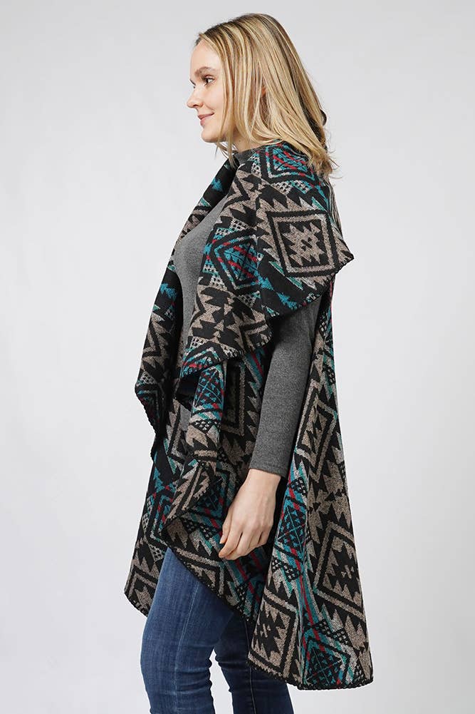 Aztec Reversible Round Shawl Vest: Taupe