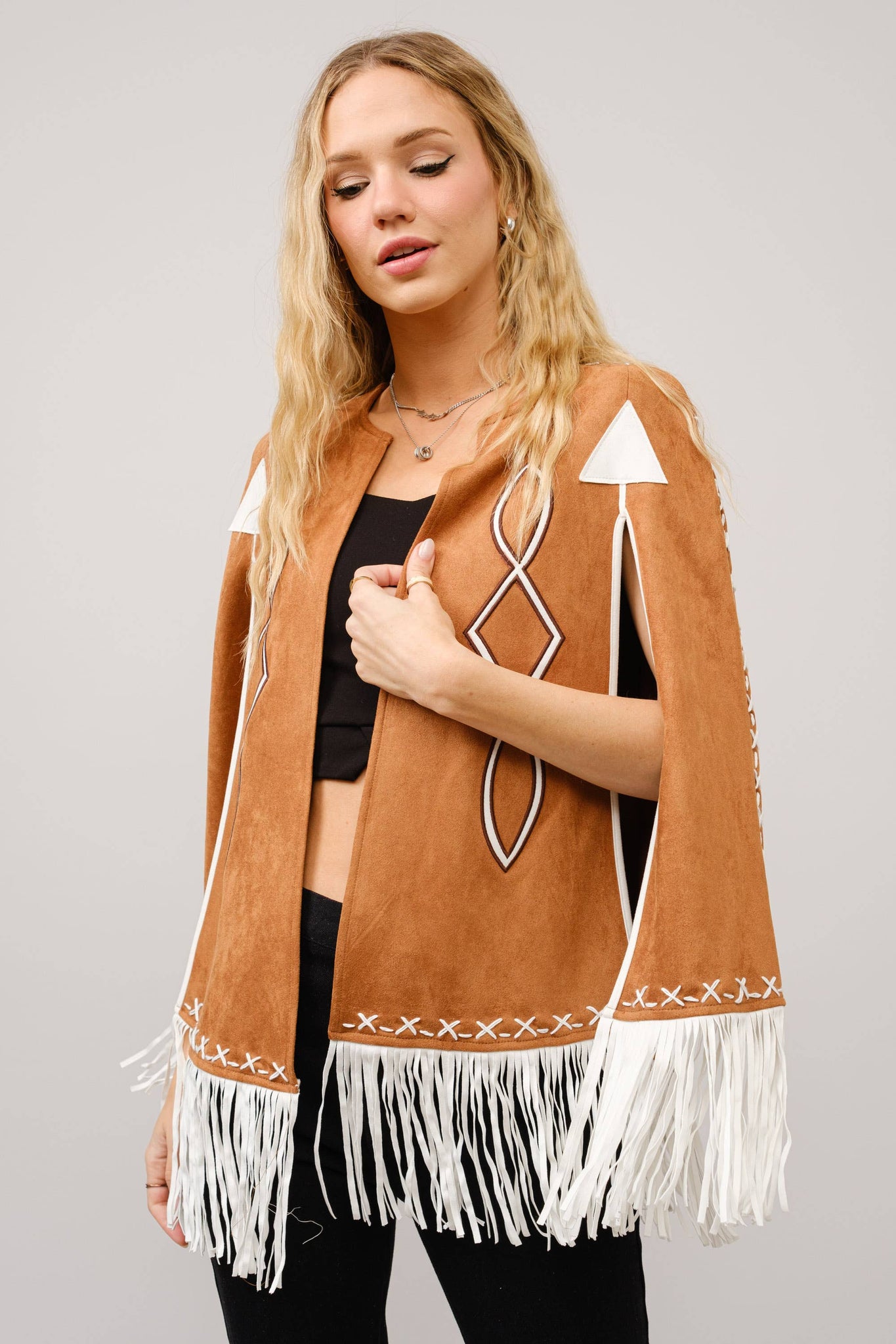 36306J - Fringe Detail Open Cape Jacket: CAMEL
