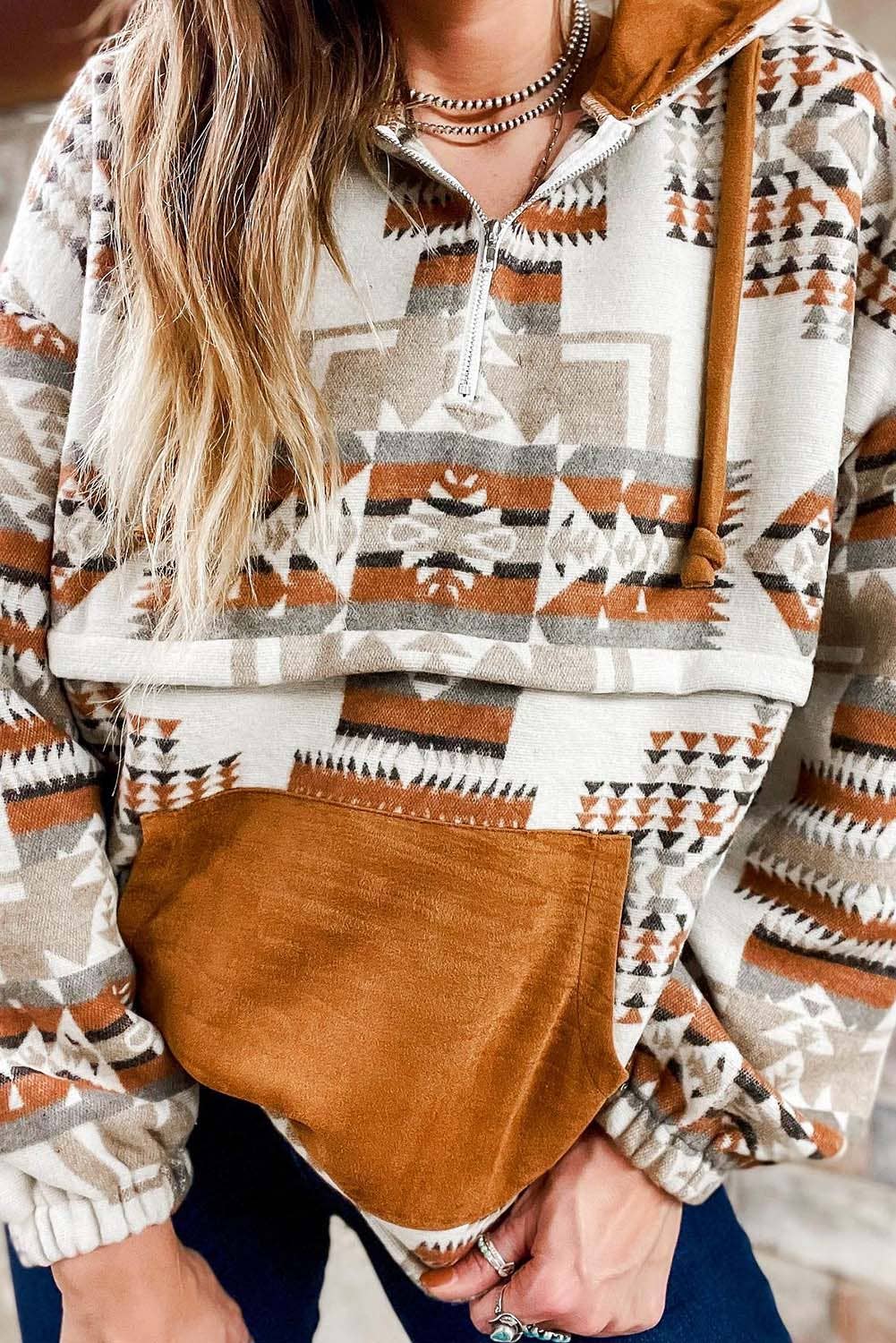 Beige Aztec Print Kangaroo Pocket Half-Zip Hoodie: Beige / 100%Polyester / M