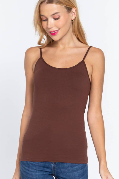 Basic Adjustable Spaghetti Strap Cropped Cami with Shelf Bra: Brn-Sepia