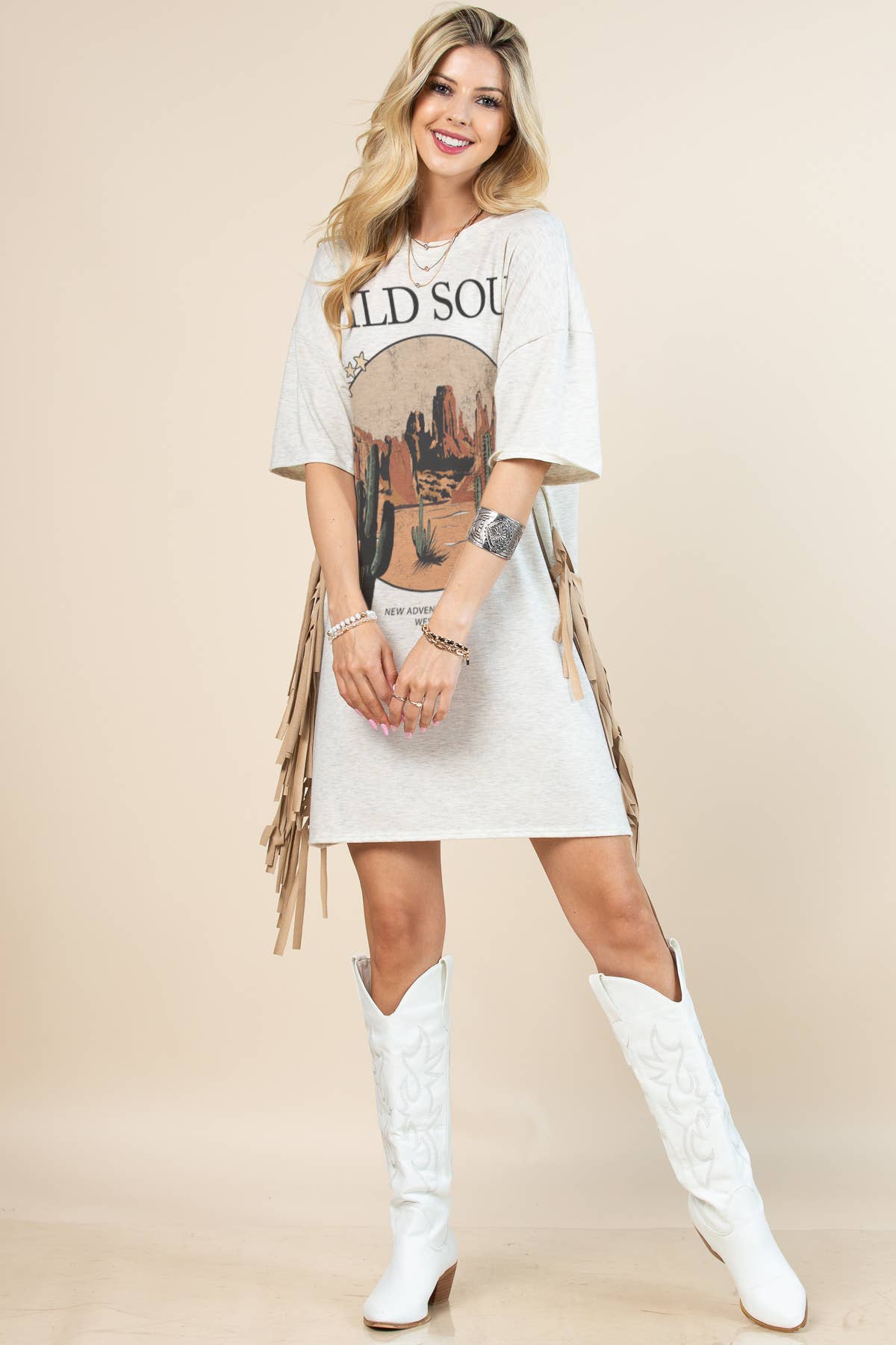 D1593-5234-Gaia Western Wild Soul Print T Shirt Dress: Beige