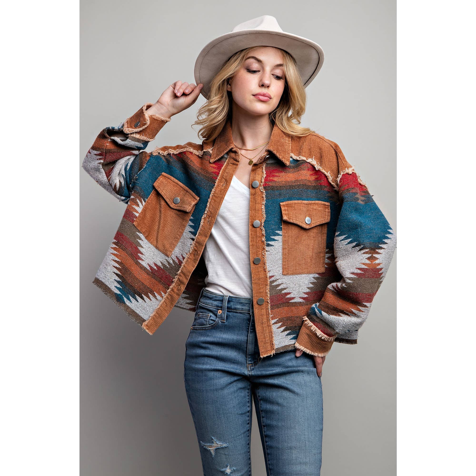 TRIBAL AZTEC PATTERN COLORBLOCK BUTTON DOWN SHIRT JACKET:
