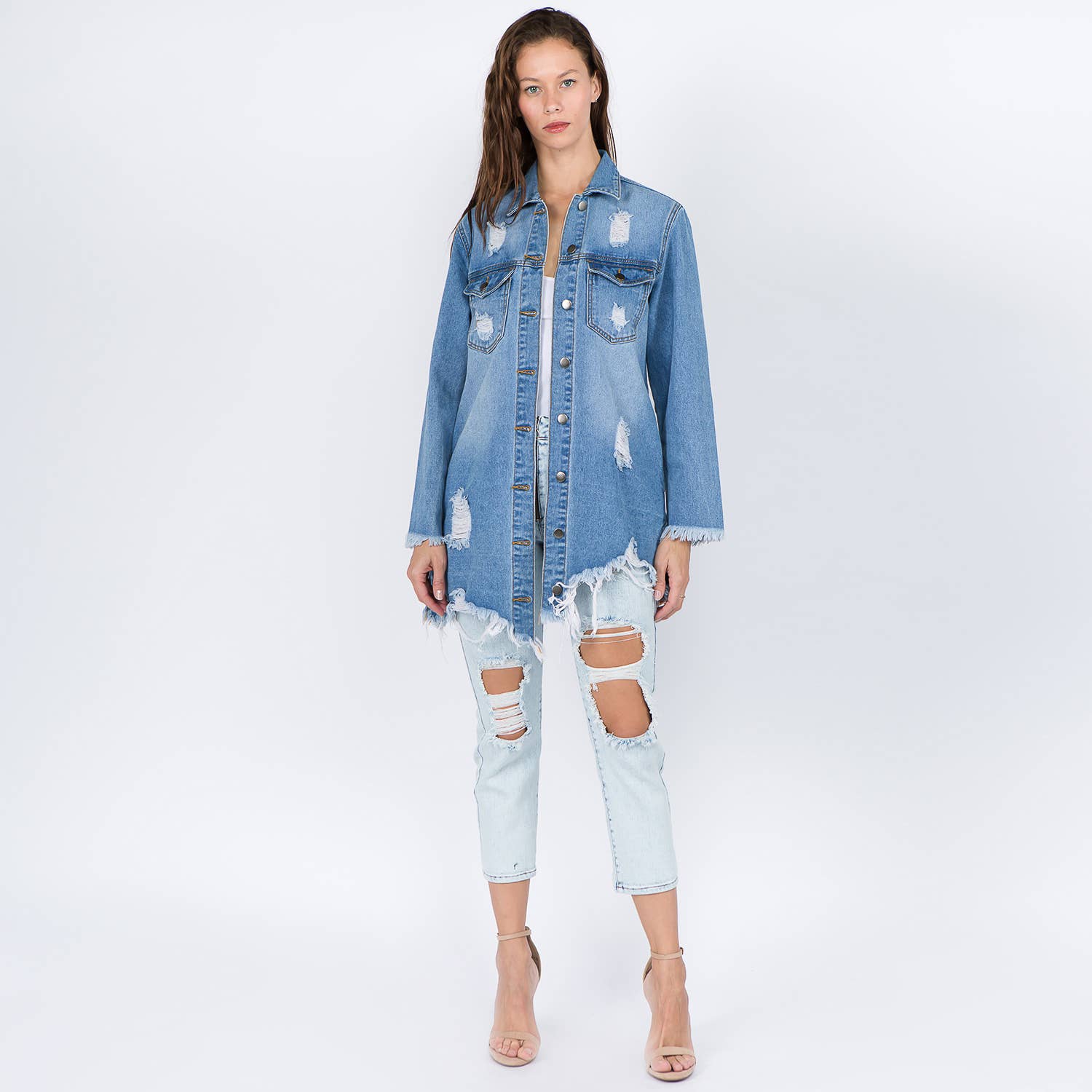 DISTRESSED DENIM SHIRT STYLE JACKET-RJK3661: LIGHT BLUE / L