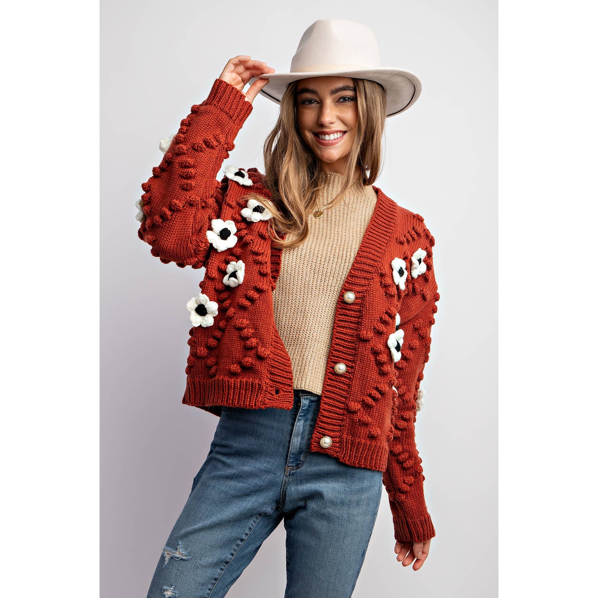 3D FLOWER KNITTING CARDIGAN: Brick