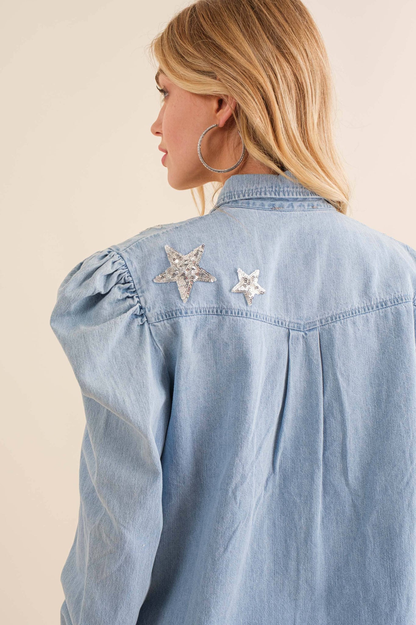 - Garment Washed Chambray Sequin Shirt Blouse