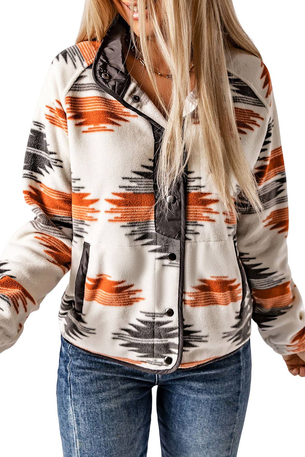 Aztec Fleece Snap Buttoned Jacket: Gray / 100%Polyester