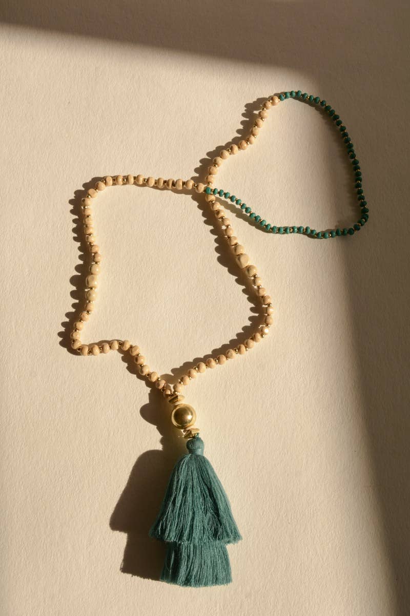 Bohemia Beaded Tassel Necklace: Teal