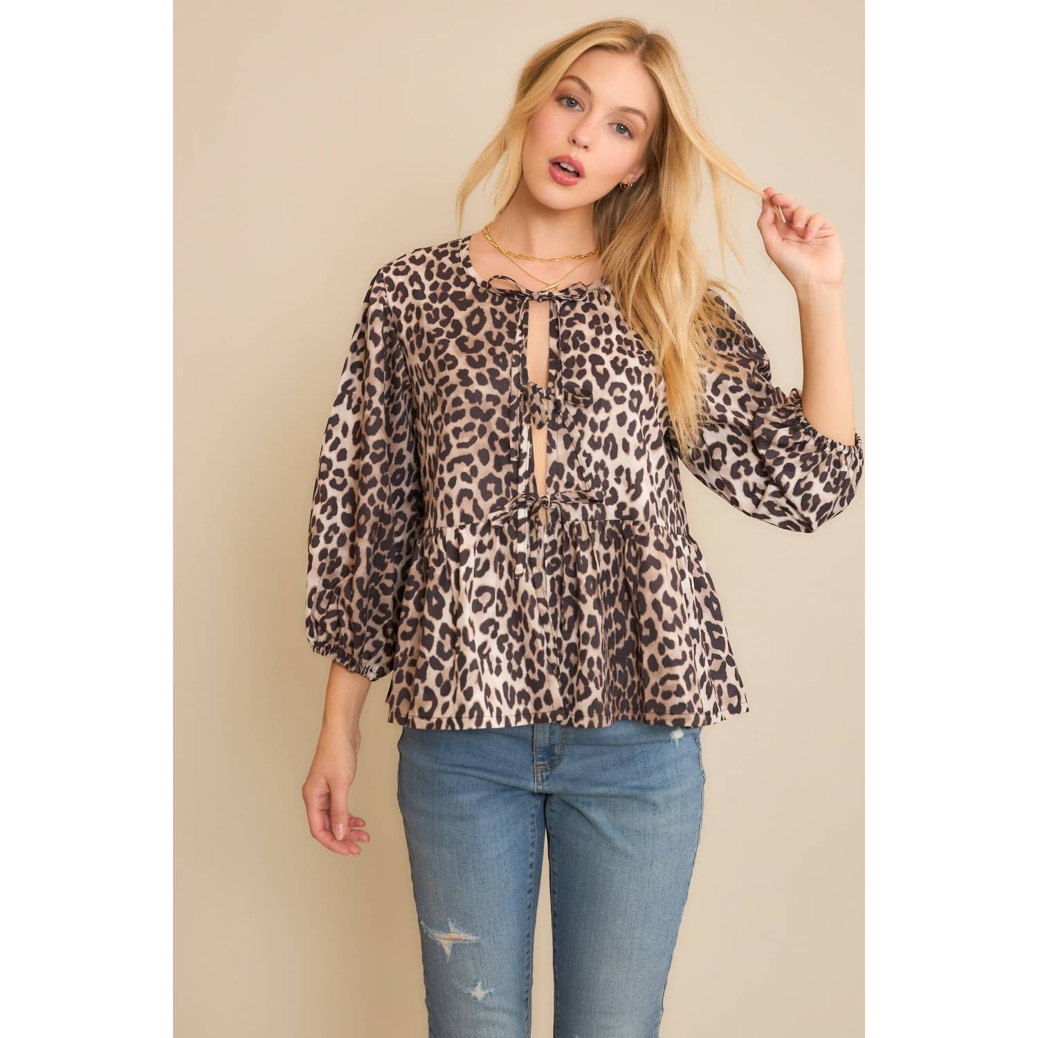 ANIMAL WOVEN PRINT OPEN FRONT BABYDOLL TOP BLOUSE WITH BOW D: Brown Multi