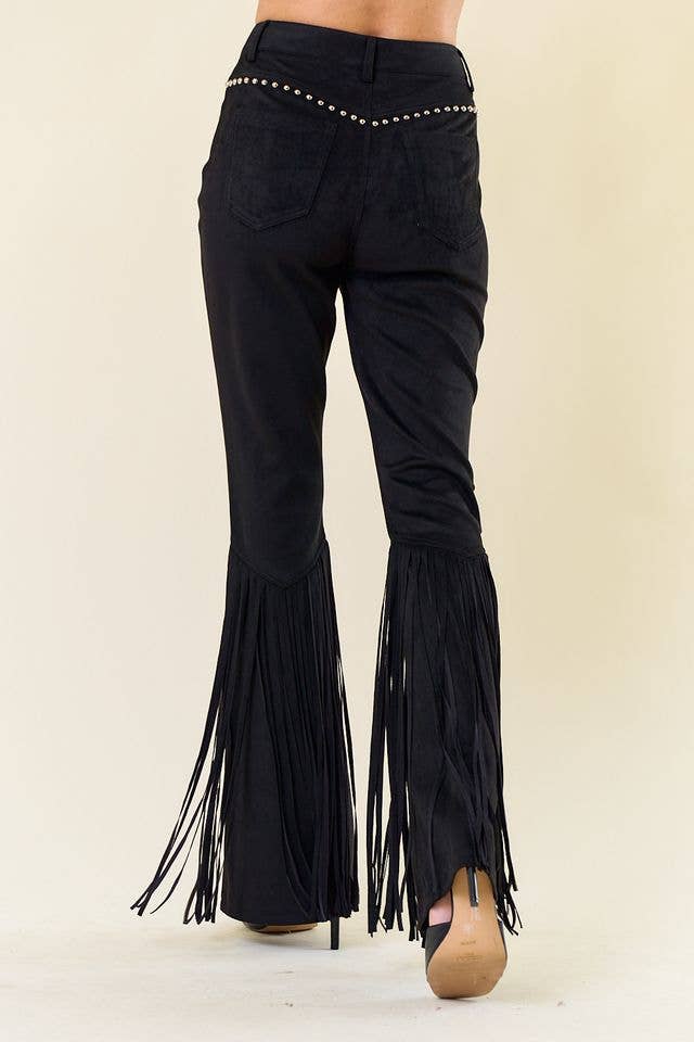 SIP6365A BLACK STUDDED FRINGED FAUX SUEDE PANTS