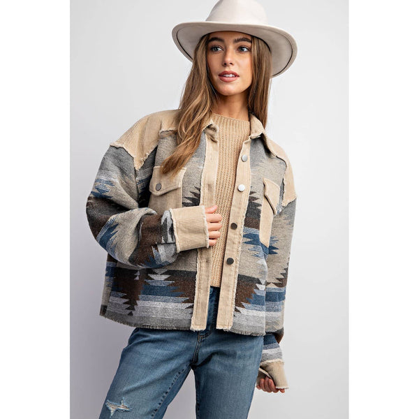 TRIBAL AZTEC PATTERN COLORBLOCK BUTTON DOWN SHIRT JACKET