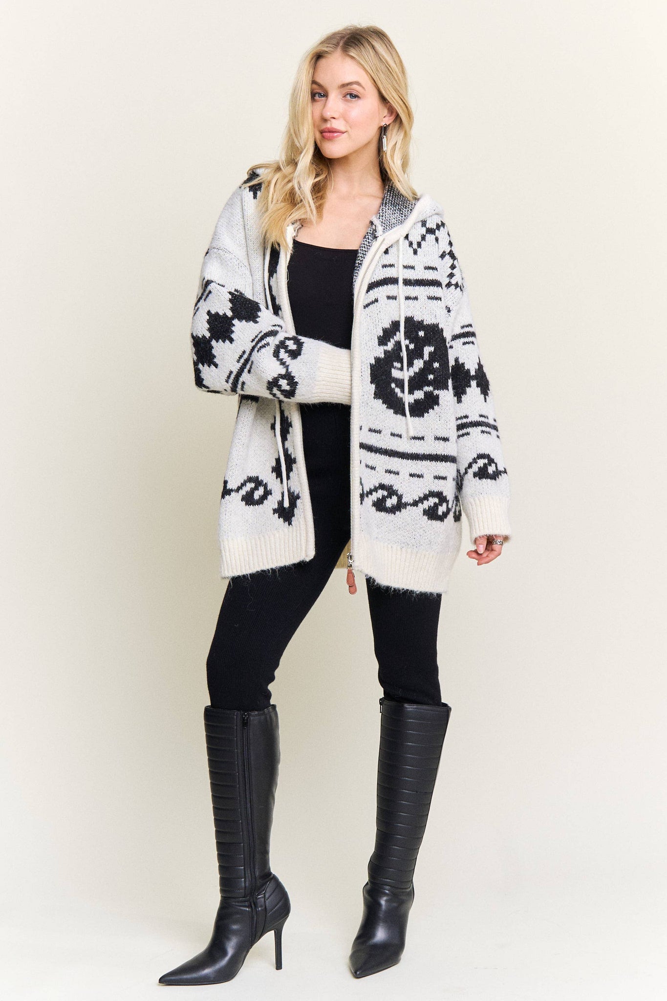 CESW4139-ZIP-UP AZTEC HOODED KNIT CARDIGAN:ONESIZE
