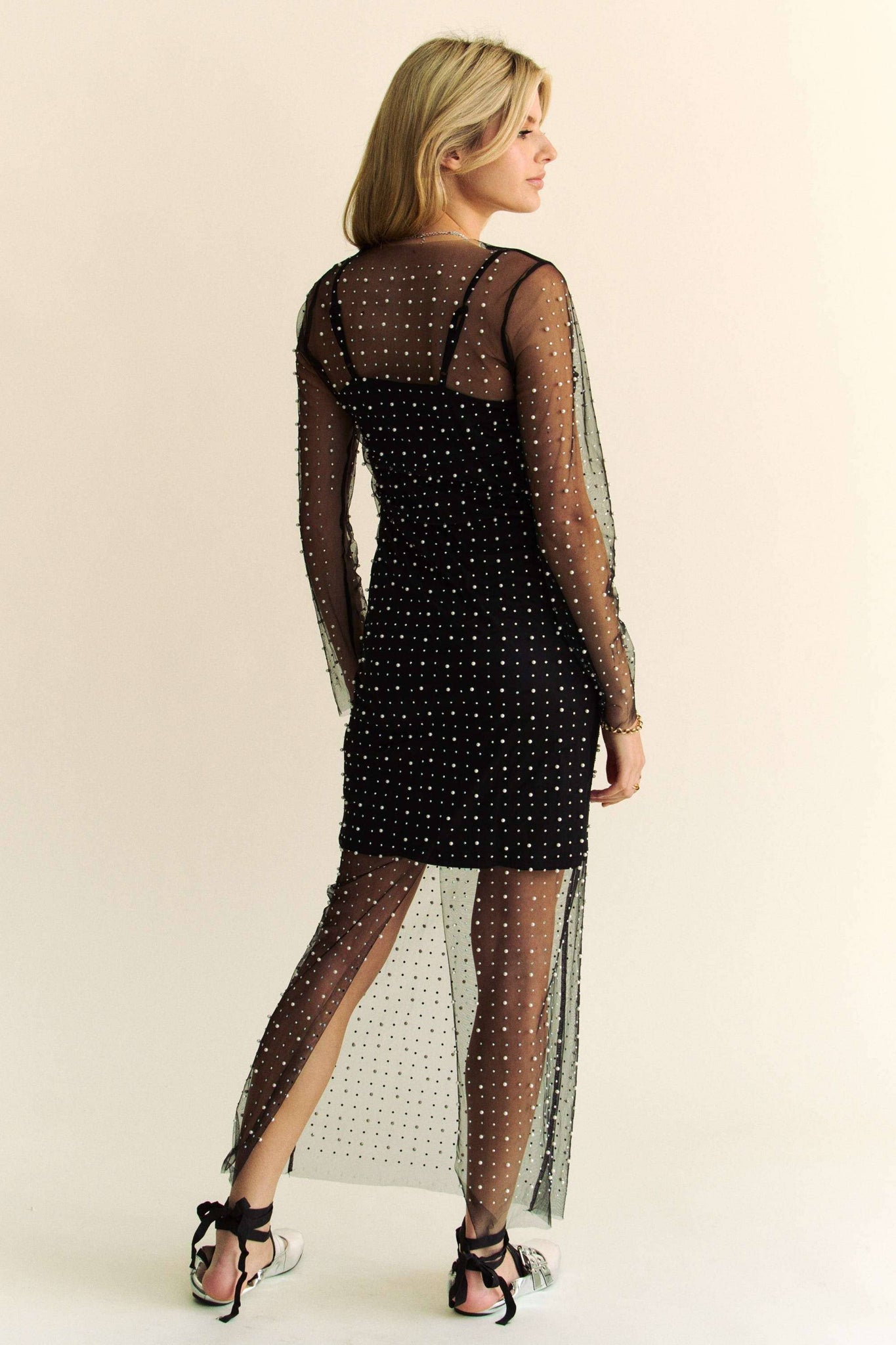 MESH PEARL RHINESTONE COVER UP WITH INNER DRESS