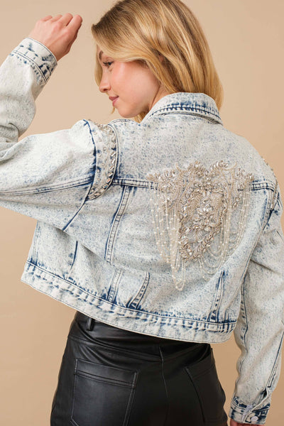 80037J - Acid Washed Shoulder Beading Denim Jacket: LIGHT WASH