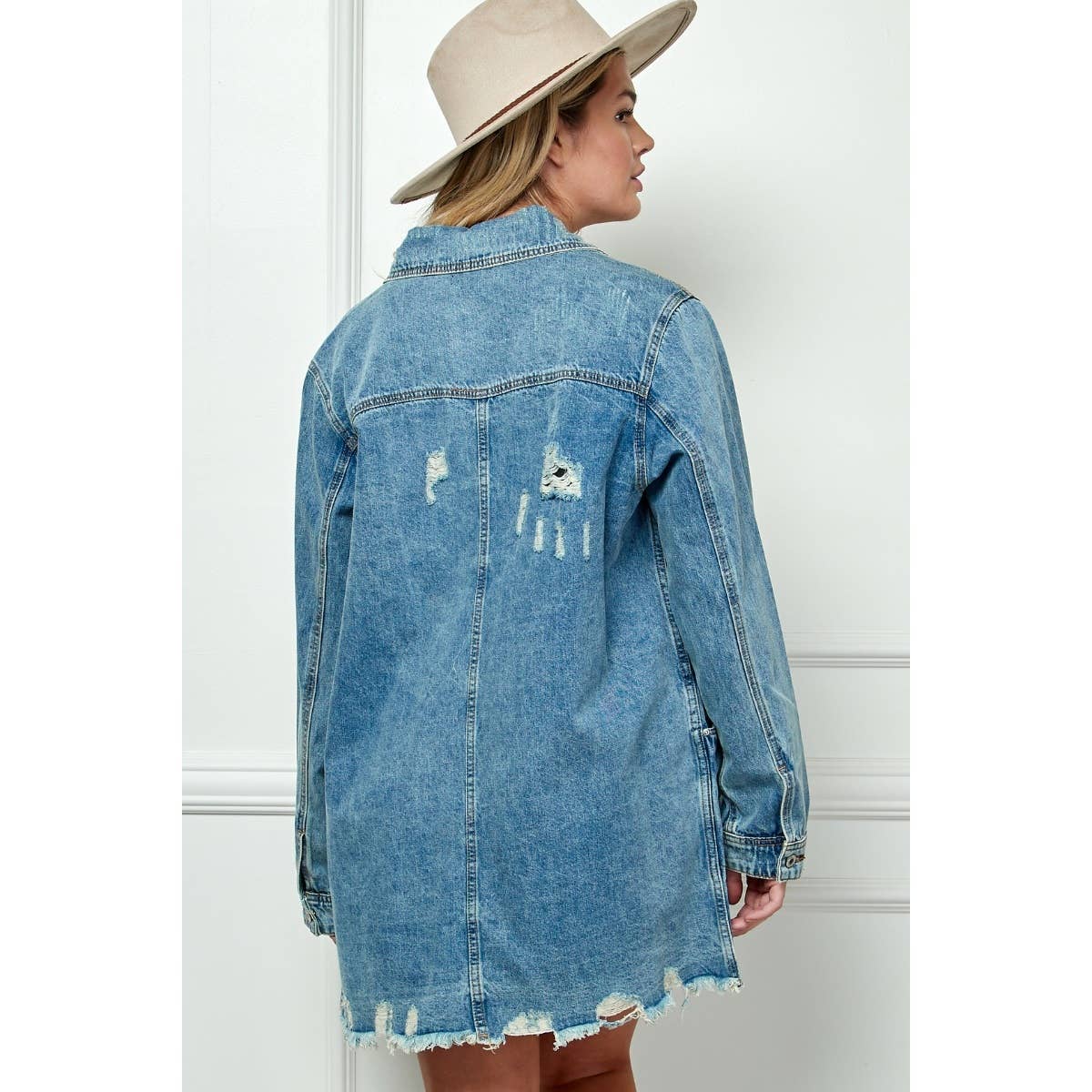 Plus Size Medium Washed Denim Shirts Jacket: Med Wash