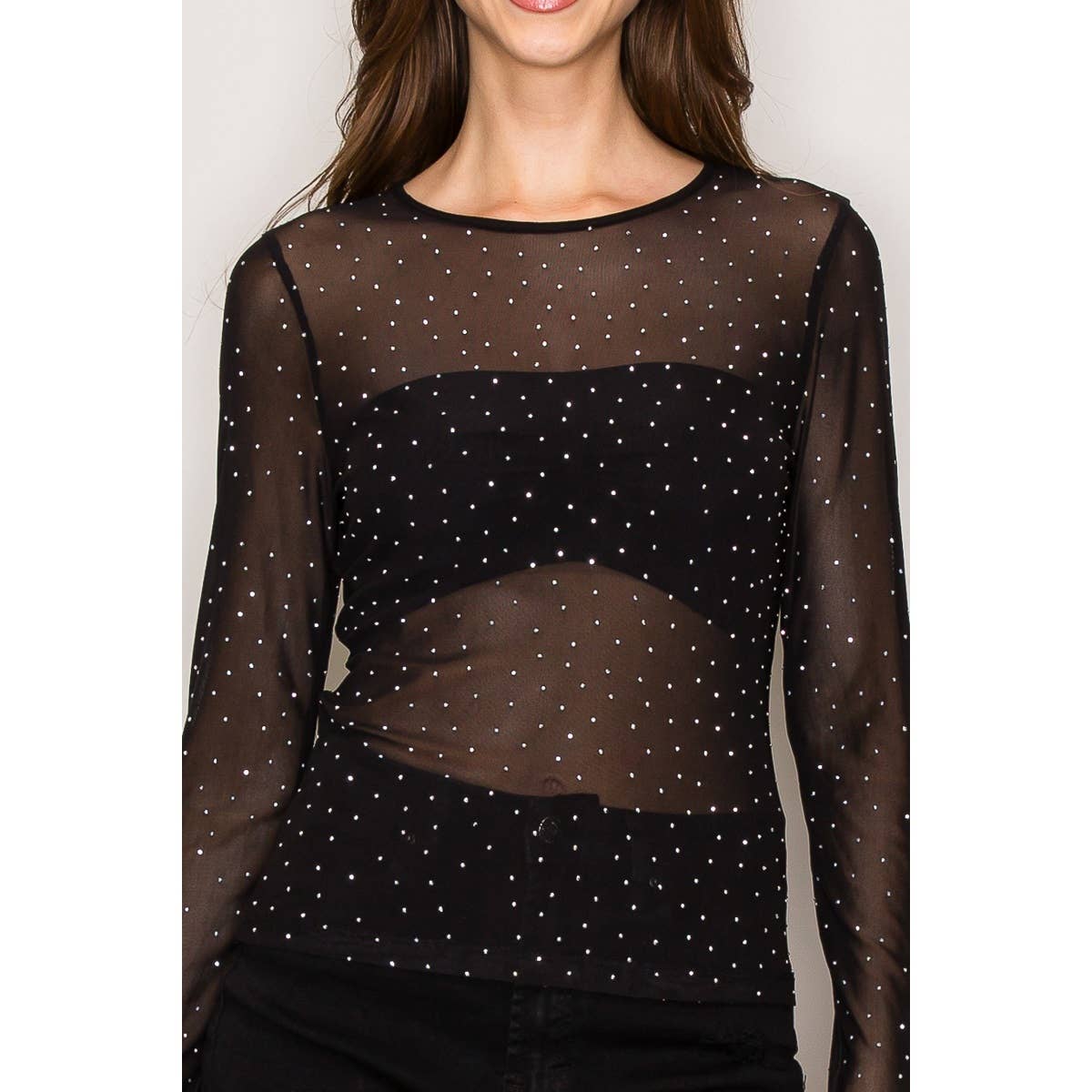 Rhinestone Embellished Mesh Long Sleeve Knit Top: Black