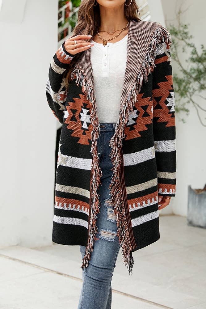 Aztec Tassel Hooded Front Open Cardigan Black