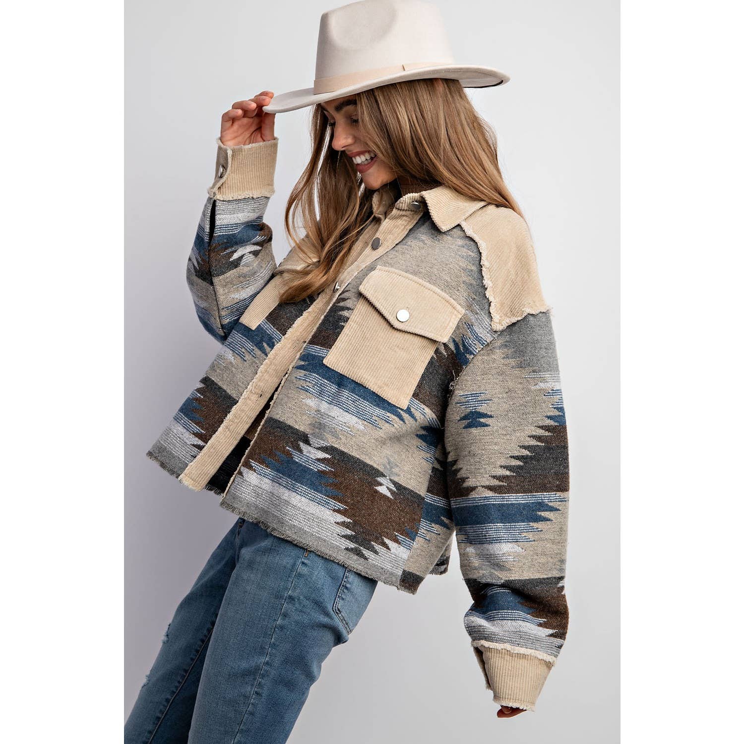 TRIBAL AZTEC PATTERN COLORBLOCK BUTTON DOWN SHIRT JACKET