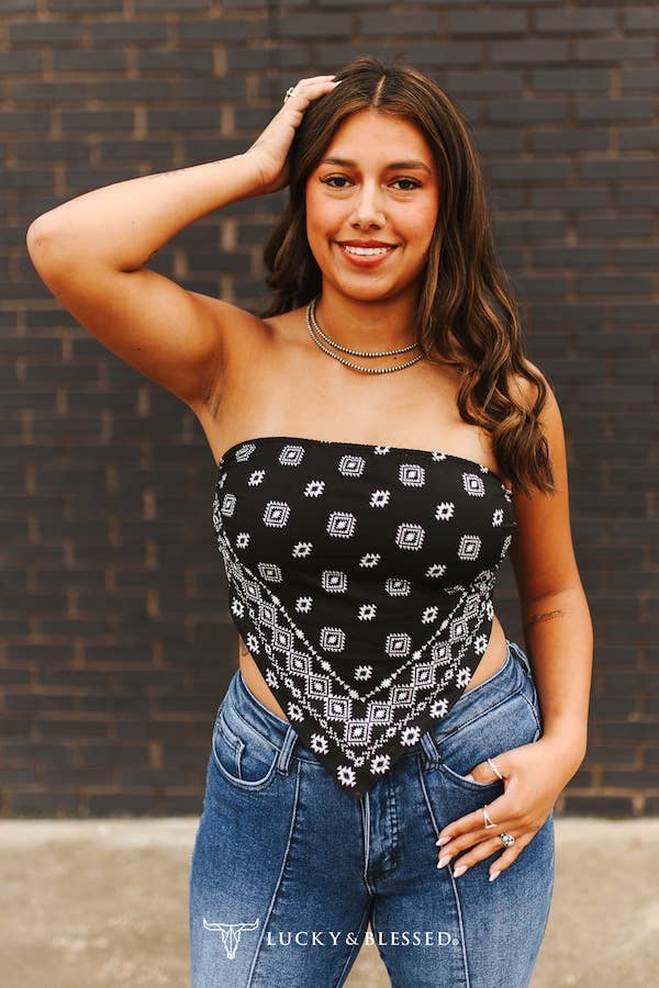 Black Ivory Aztec Printed Strapless Bandana Top:
