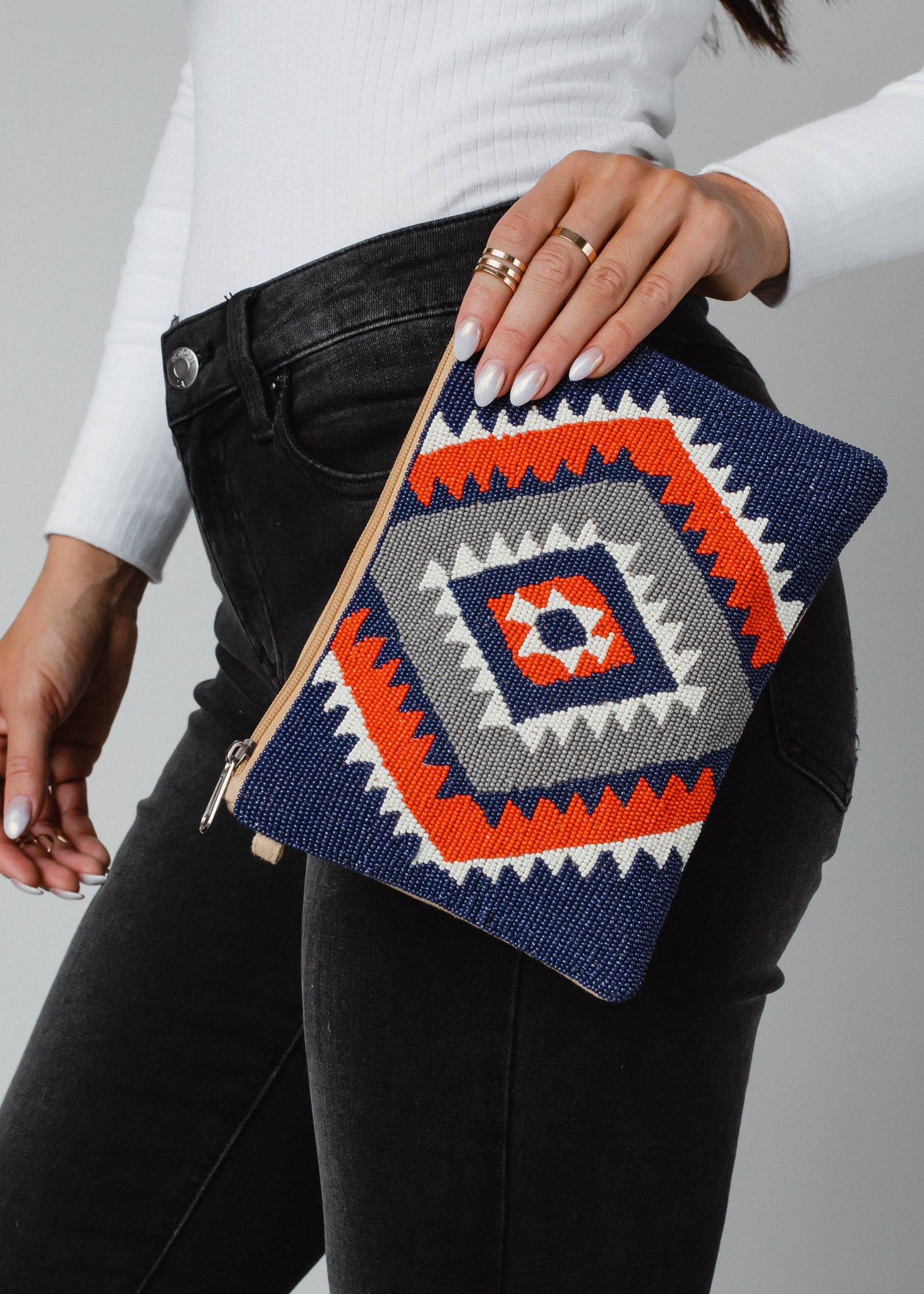 Blue, Orange & Cream Aztec Wristlet