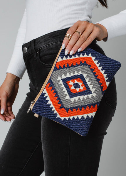 Blue, Orange & Cream Aztec Wristlet