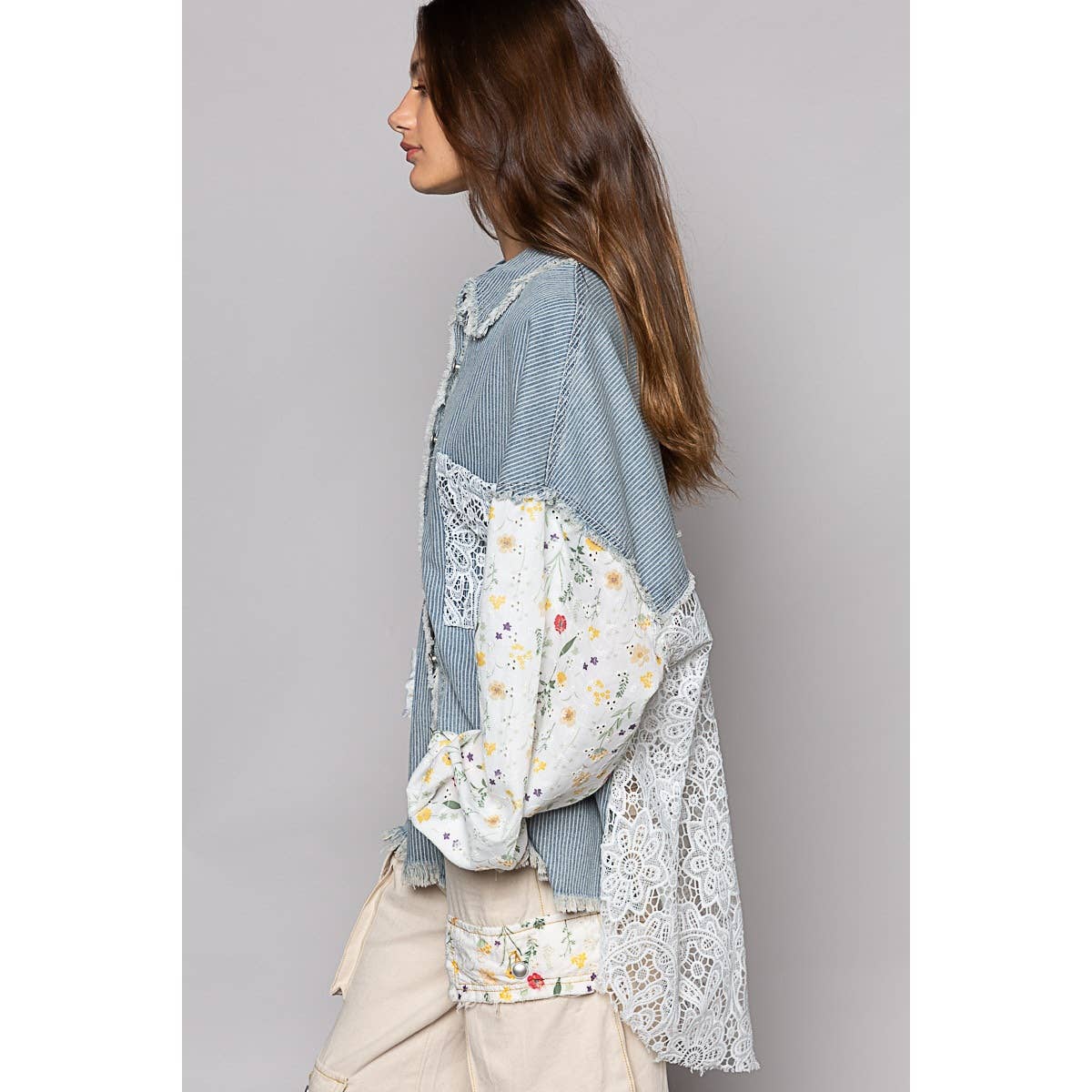 Floral print long sleeve crochet patches shacket: STRIPE DENIM