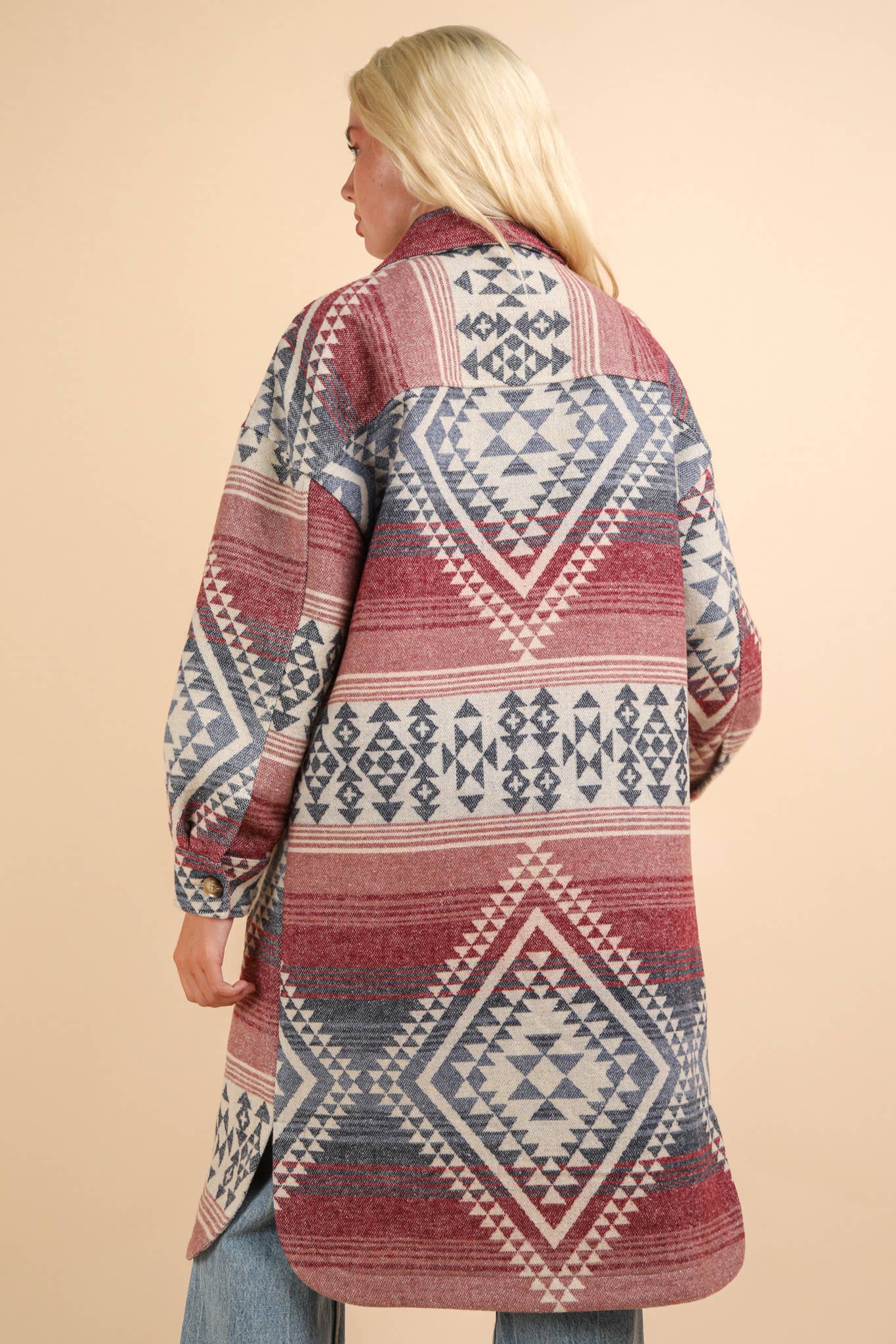 Aztec & Plaid Printed Shacket Jacket Coat: PLUM MIX