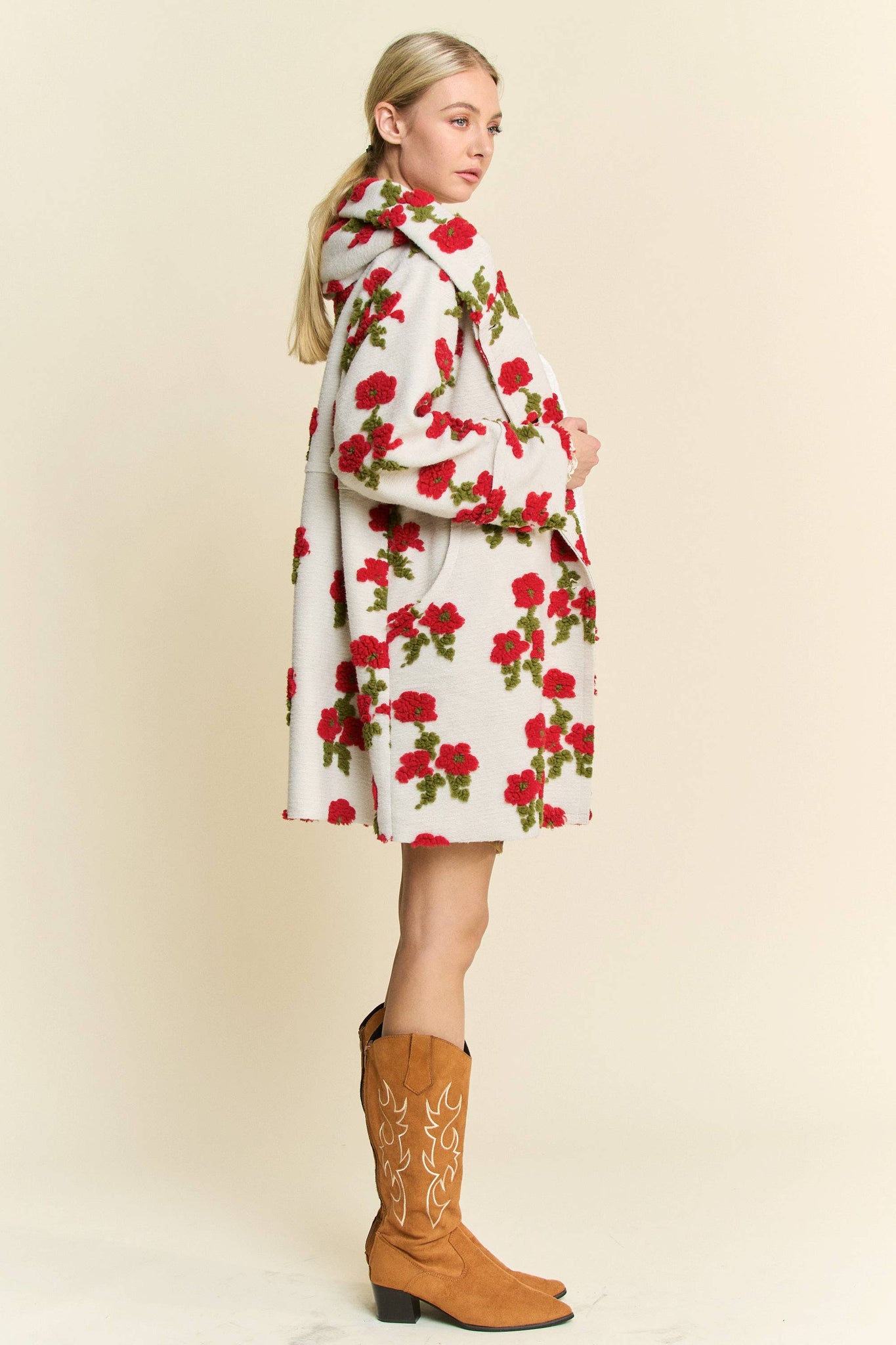 FLORAL POCKET CHUNKY BUTTON FRONT HOODIE JACKET