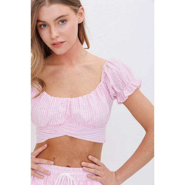 OFF SHOULDER PLEATED CROP TOP WITH BACK RIBBON TIE
