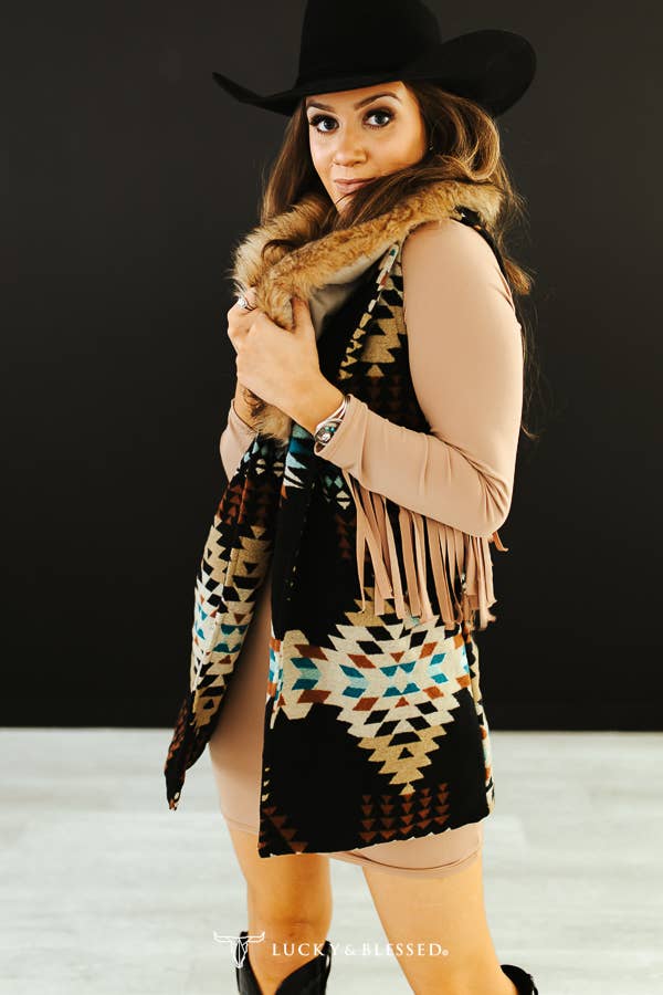 Black Aztec W Fur Collar Vest