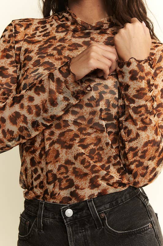 ANIMAL PRINT MESH MOCK NECK TOP: MOCHA BROWN