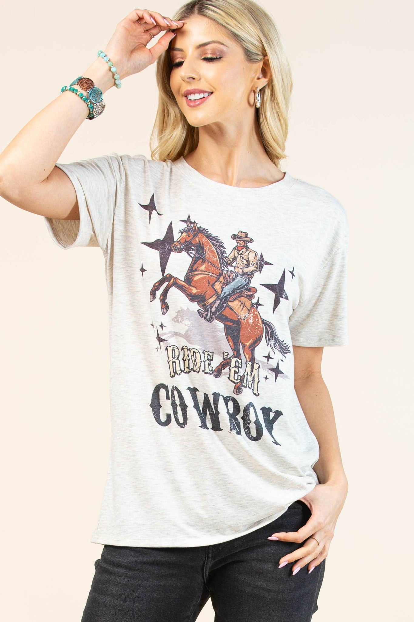 AV1205-PAMELA RIDE'EM COWBOY GRAPHIC T-SHIRT : Oatmeal/Multi / Contemporary