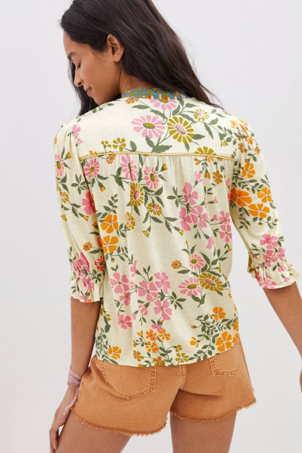 Multicolour Crochet V Neck Half Sleeve Boho Floral Blouse: Multicolour