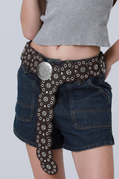 Boho Western Belt – Round Patch & Studded Detail: Brown