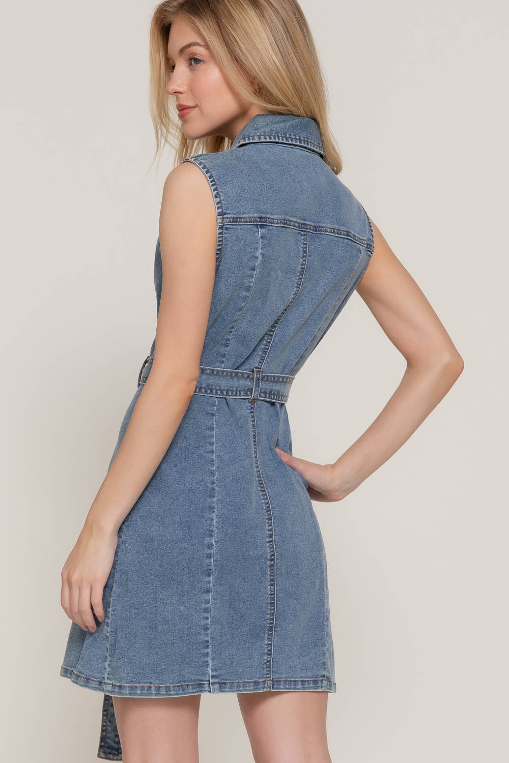 Sleeveless Button Down Stretch Denim Mini Shirt Dress: BLU-medium denim