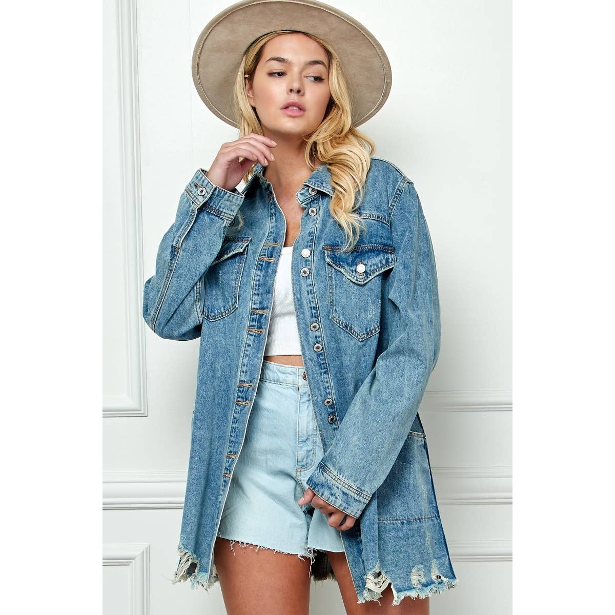 Plus Size Medium Washed Denim Shirts Jacket: Med Wash