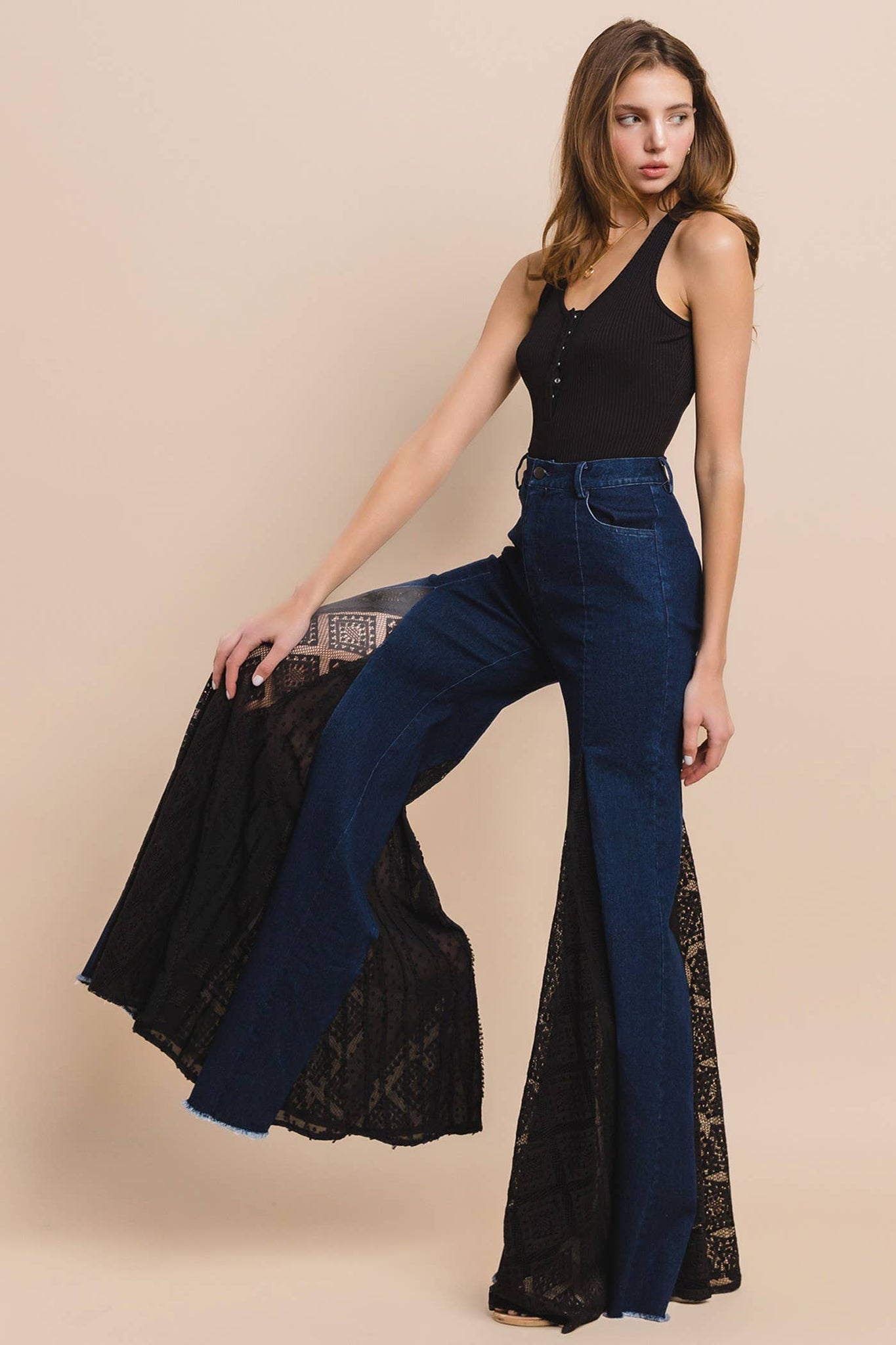 LACE DETAIL WIDE LEG JEANS 2481PIB DK DENIM : DARK DENIM