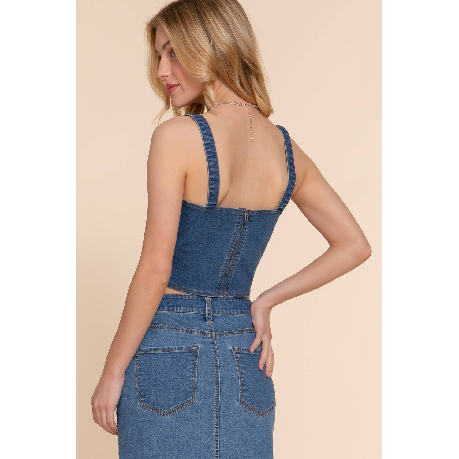 FRONT LINED CORSET STITCH STRETCH DENIM CAMI TOP: BLUE