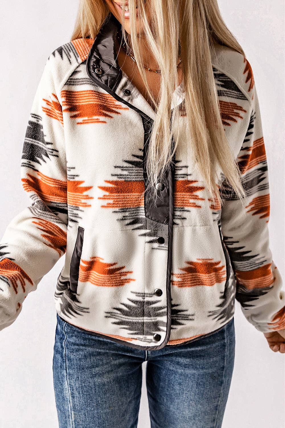 Aztec Fleece Snap Buttoned Jacket: Gray / 100%Polyester