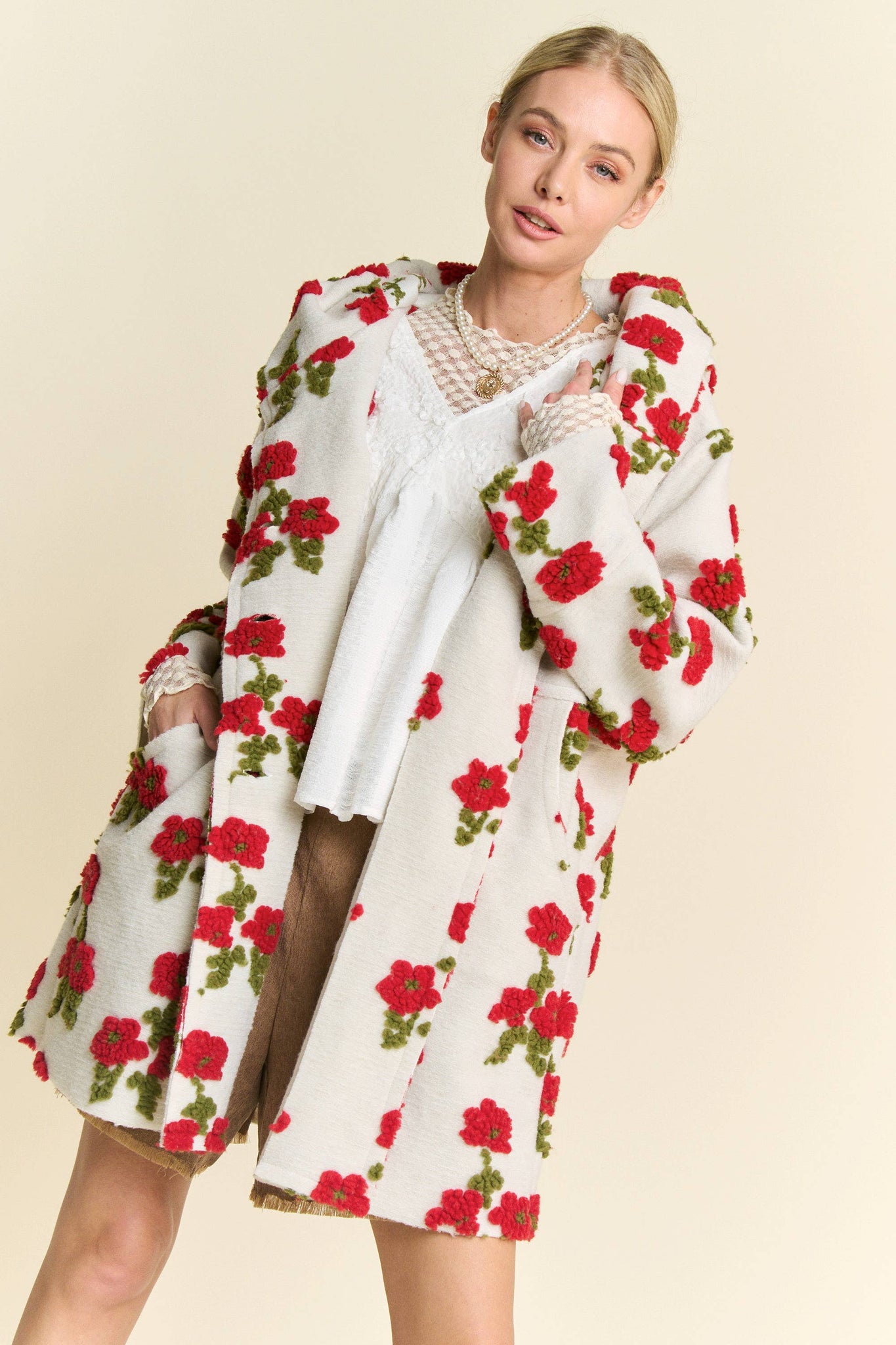 FLORAL POCKET CHUNKY BUTTON FRONT HOODIE JACKET
