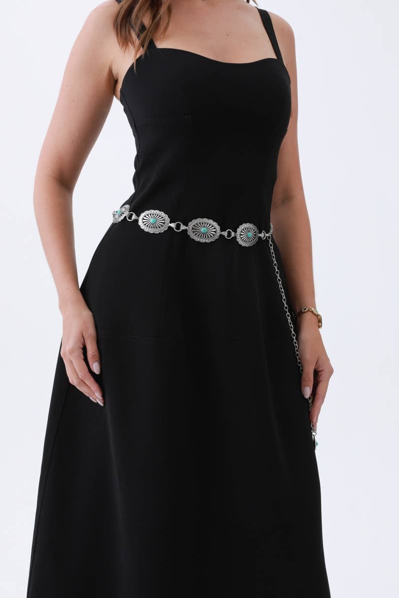 Vintage Turquoise Chain Belt – Classic Western Elegance: Silver