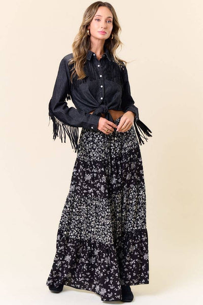 MIXED MEDIA TIERED MAXI SKIRT WITH POCKETS