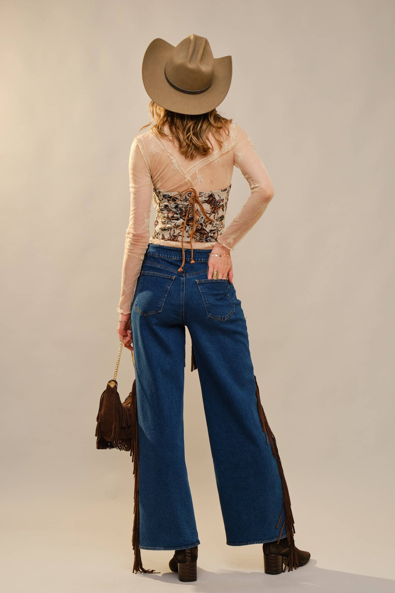 33158T - Horse Jacquard Lace-Up Corset Top: TAUPE MULTI
