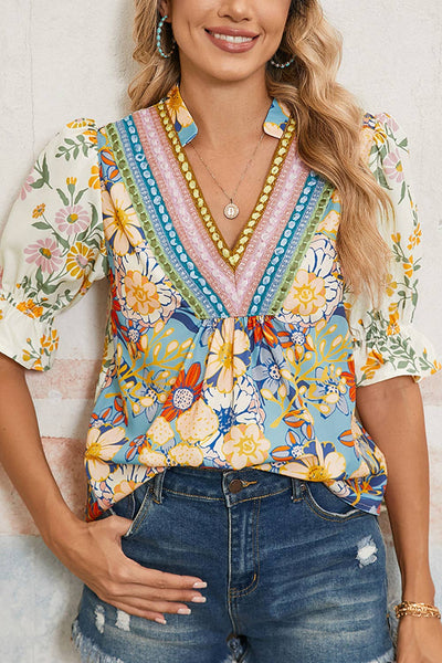 Multicolour Crochet V Neck Half Sleeve Boho Floral Blouse: Multicolour