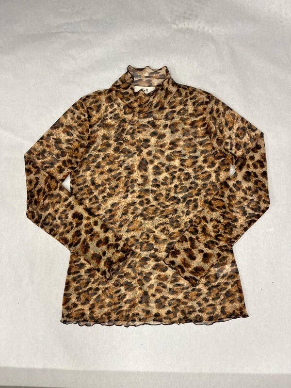 ANIMAL PRINT MESH MOCK NECK TOP: MOCHA BROWN