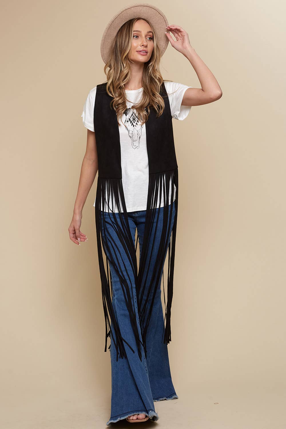 SIJ5201A BLACK LONG FRINGE FAUX SUEDE WESTERN  VEST