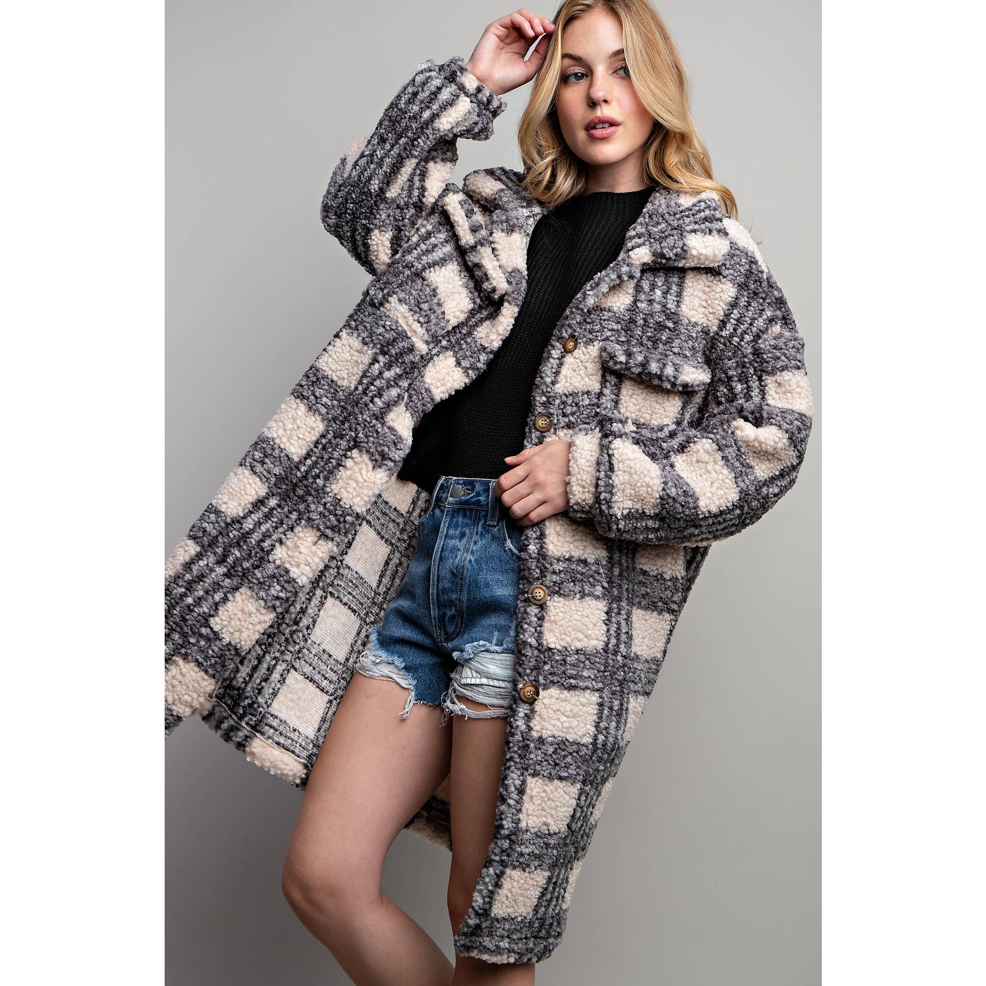 PLAID TEDDY OVERSIZE JACKET:Navy