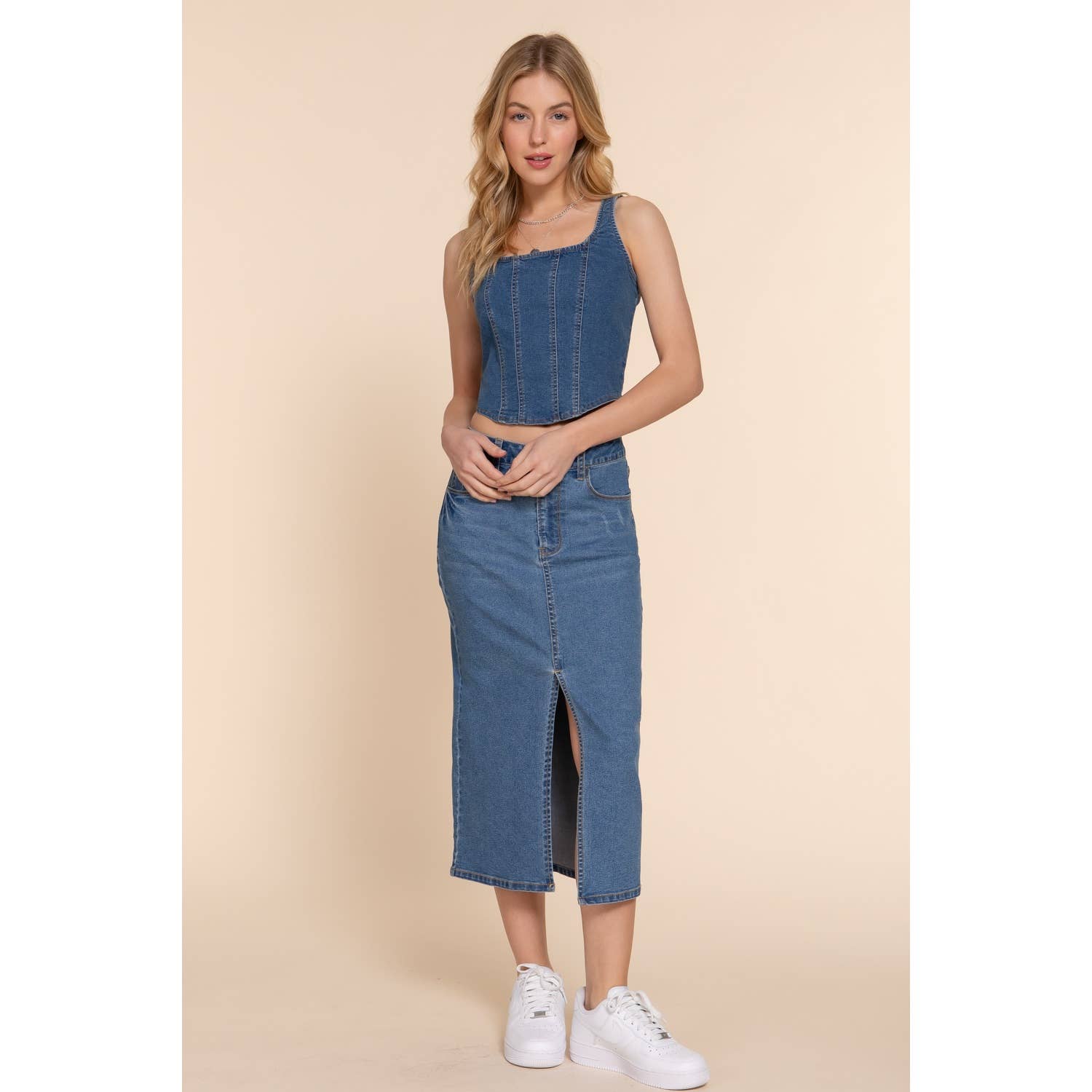 FRONT LINED CORSET STITCH STRETCH DENIM CAMI TOP: BLUE
