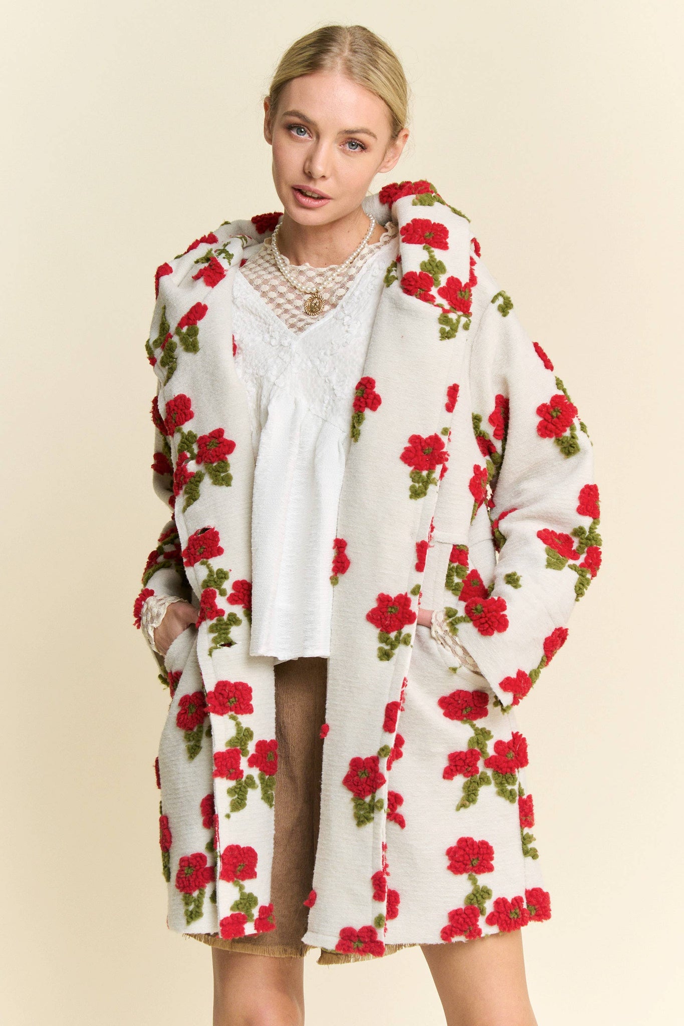 FLORAL POCKET CHUNKY BUTTON FRONT HOODIE JACKET